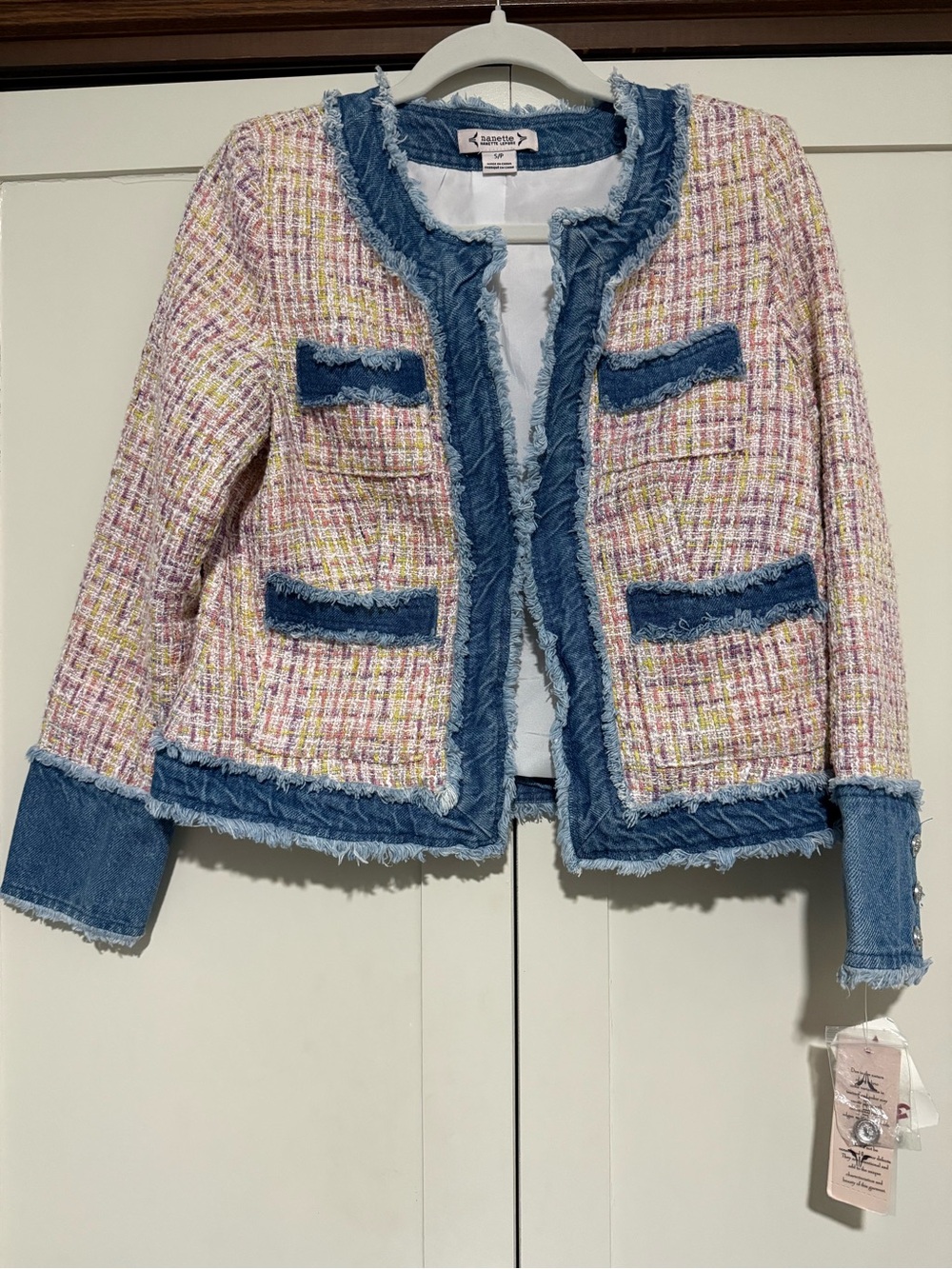 Nanette Lepore Pink Multicolor Tweed Jacket with Denim Trim